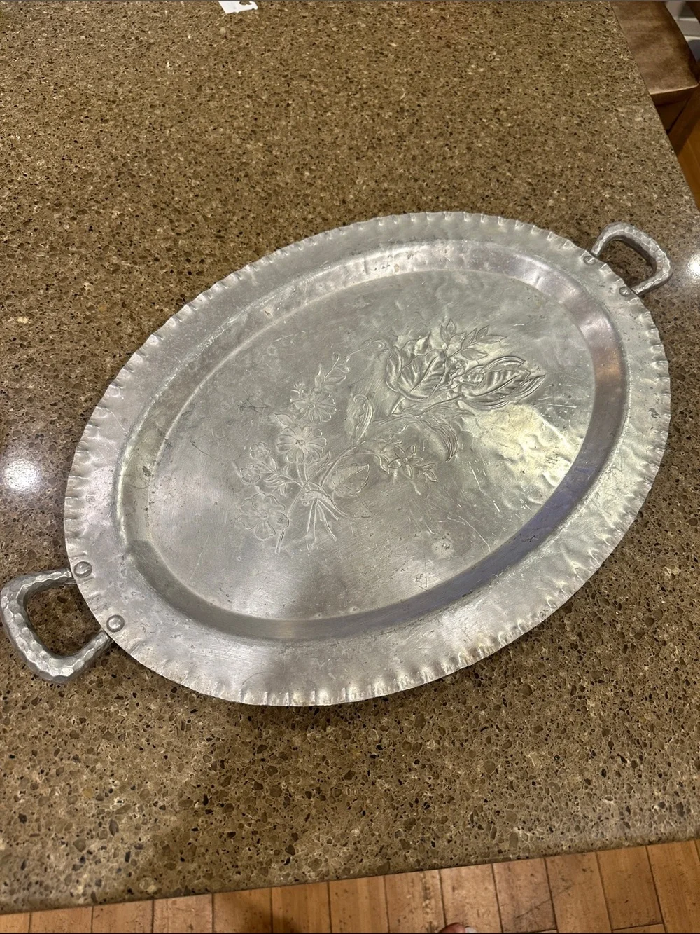 Vintage Hand Forged Silver-Tone Floral Serving Tray with Handles